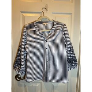 Fig + Flower Navy White Striped Seersucker Embroidered Sleeve Blouse Size XL